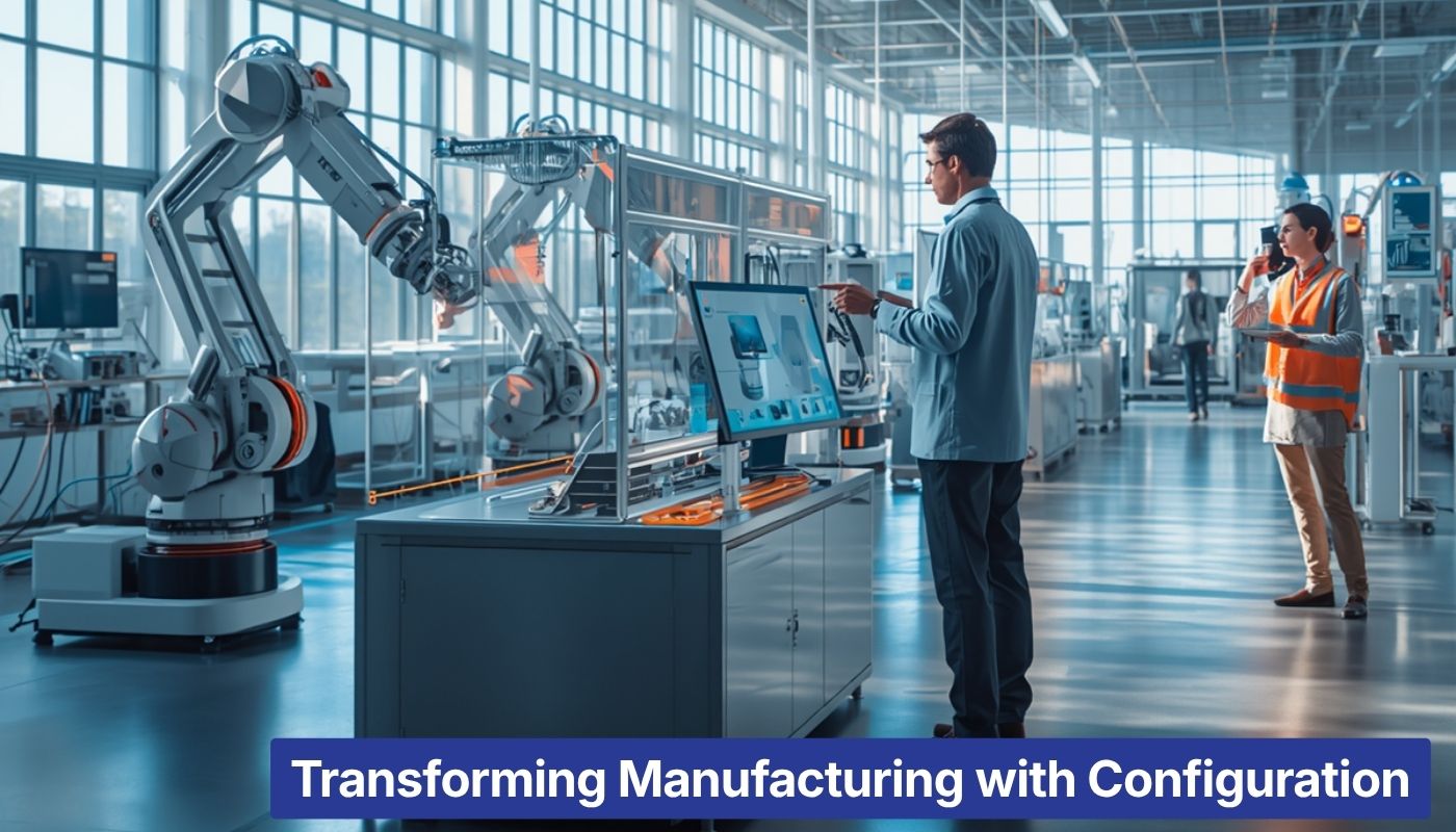 Factory floor with robotic arms and a technician at a touchscreen console, illustrating transforming manufacturing with configuration.