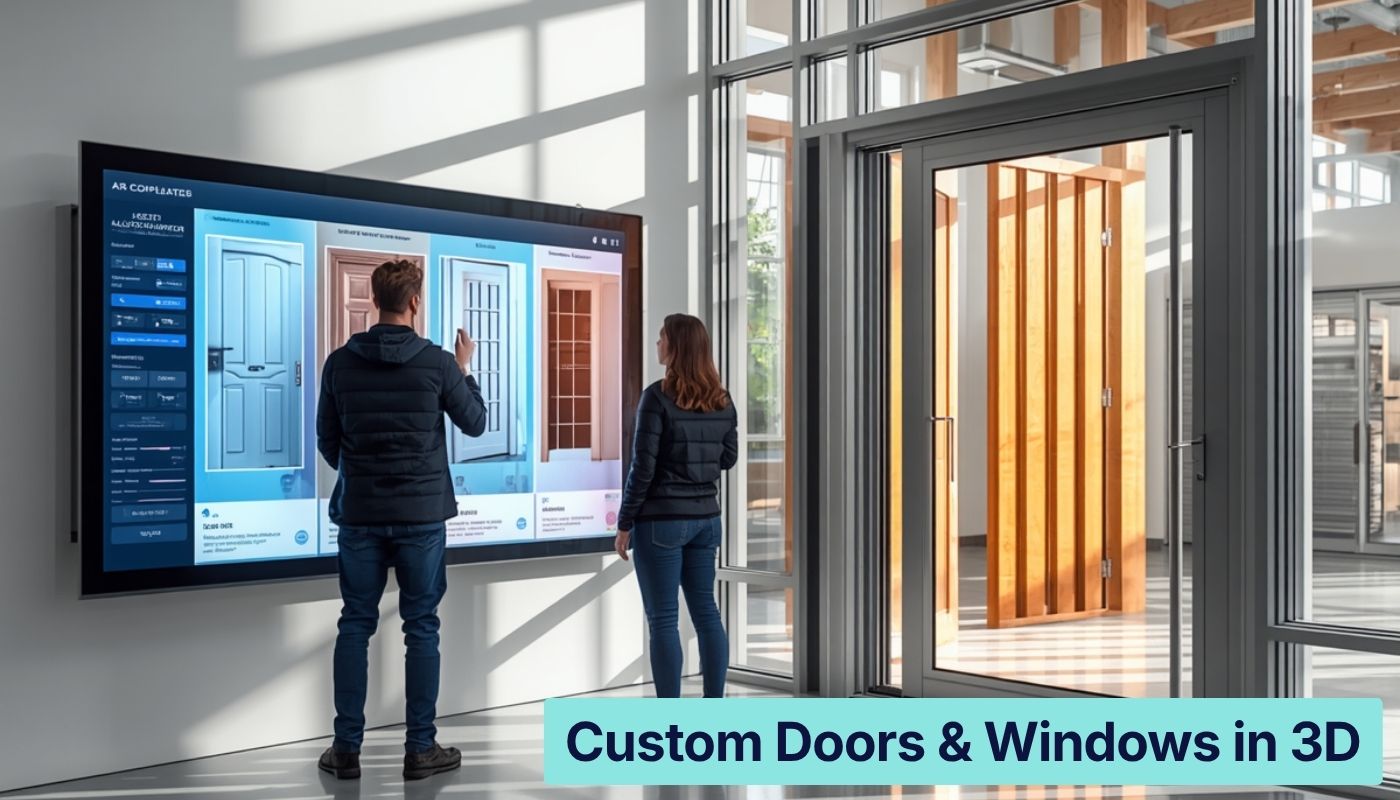 Two people in a modern showroom view a large touchscreen displaying door designs, with glass entry doors visible to the right.
