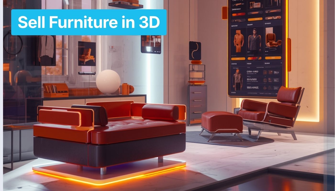 3D-rendered modern furniture showroom with orange-red seating and a large digital display; banner says 'Sell Furniture in 3D'.