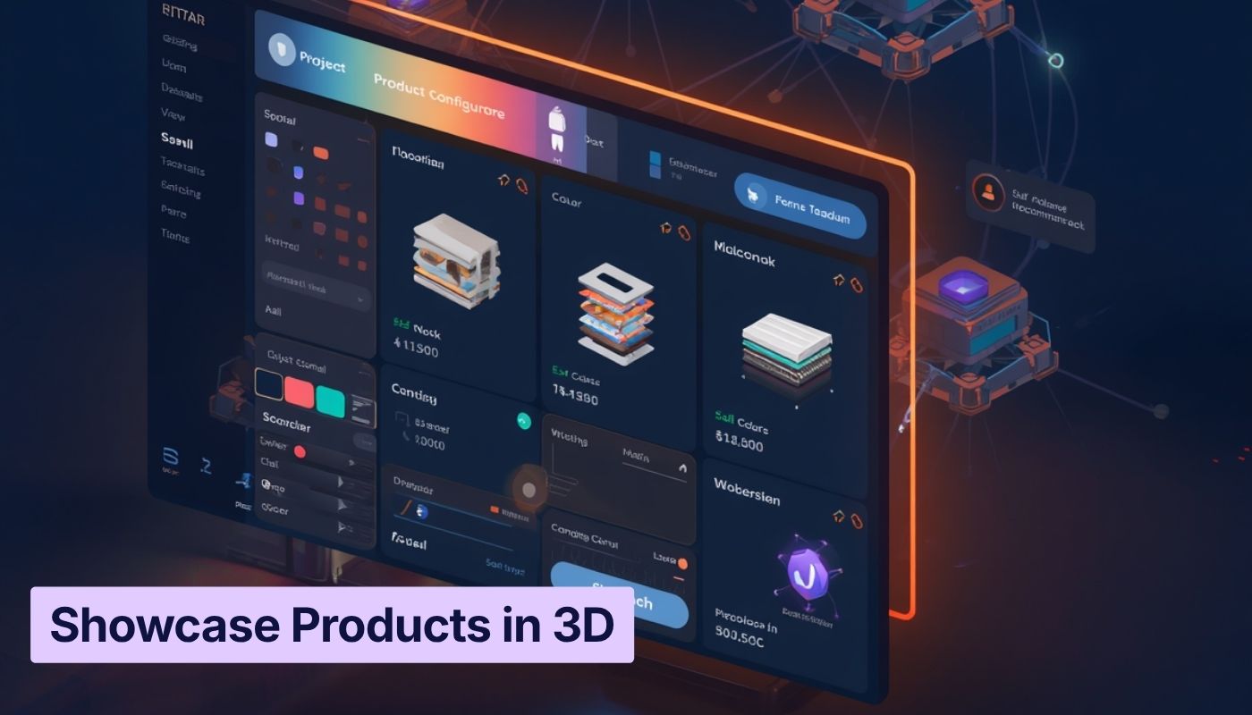 3D product showcase dashboard with neon blue UI; overlay caption reads 'Showcase Products in 3D'.